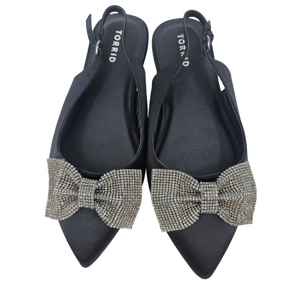 Torrid Black Embellished Bow Pointed Toe Slingback Flat Shoe 10 WW Coquette - Picture 1 of 10